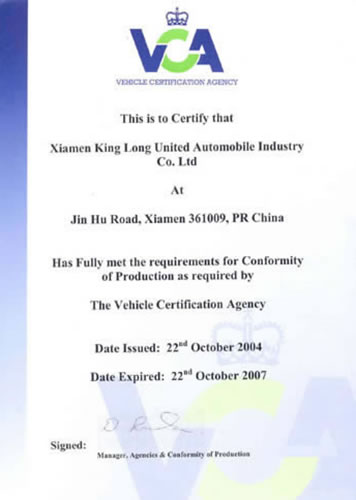 в марте 2005 года, King Long полностью прошел сертификацию VCA и стал первым, кто вышел на европейский рынок.
